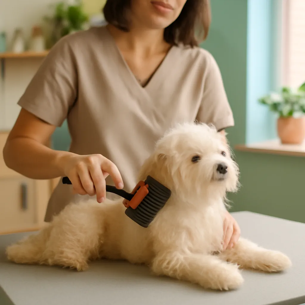 A dog being gently groomed